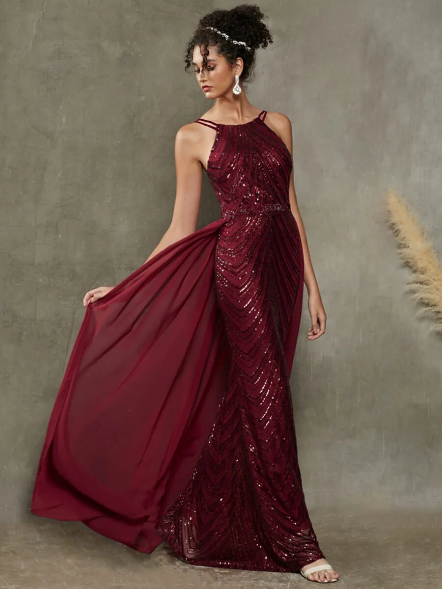 Burgundy Convertible Halter Sequin Floor Length Formal Evening Dress