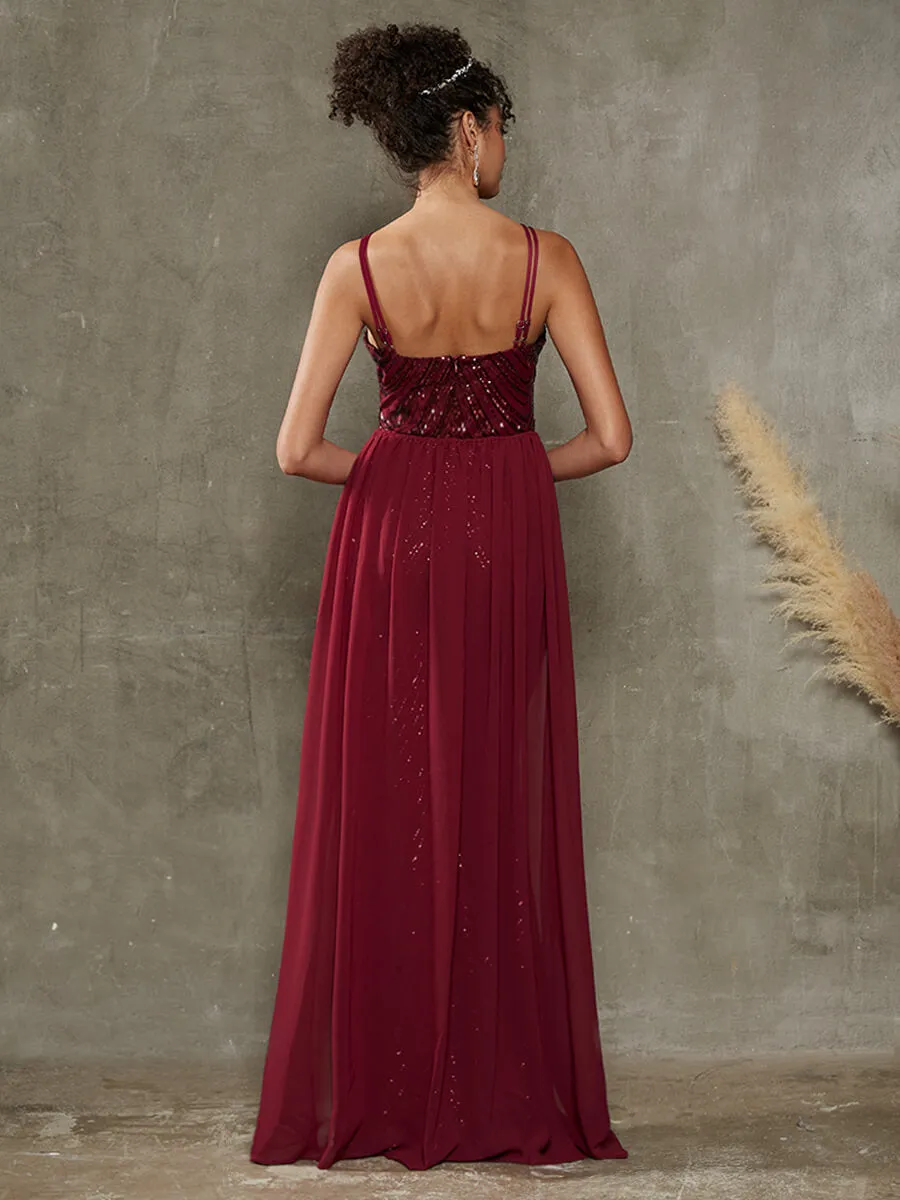 Burgundy Convertible Halter Sequin Floor Length Formal Evening Dress