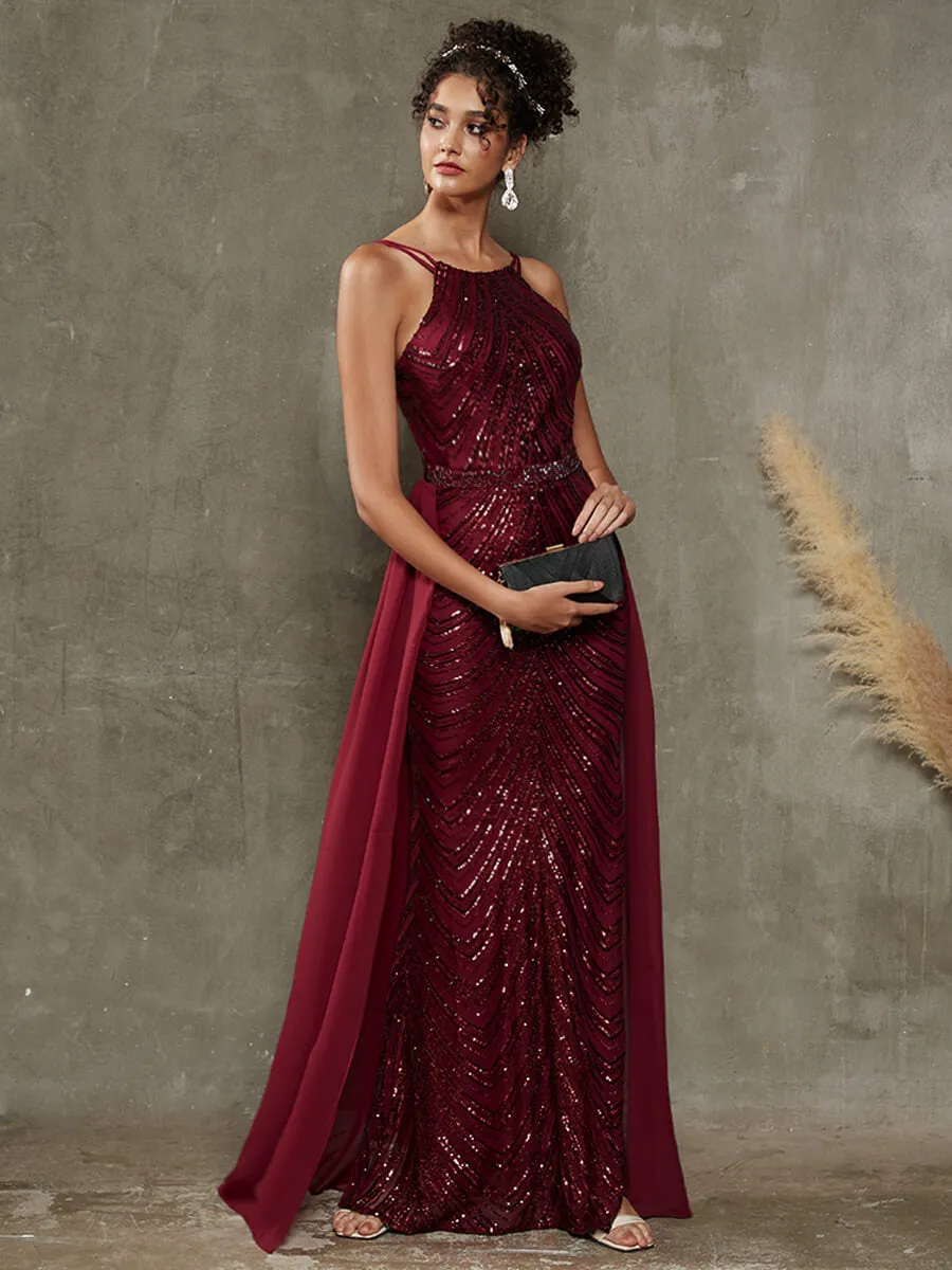 Burgundy Convertible Halter Sequin Floor Length Formal Evening Dress