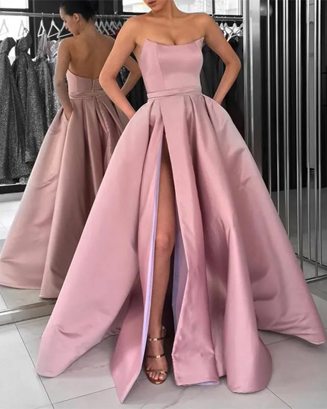 Burgundy Strapless Bodice Corset Long Sleeveless Evening Gowns With Leg Split, Prom Dress PH723