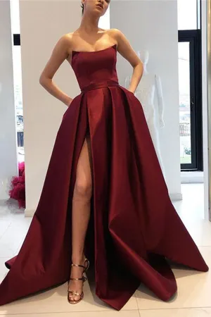 Burgundy Strapless Bodice Corset Long Sleeveless Evening Gowns With Leg Split, Prom Dress PH723