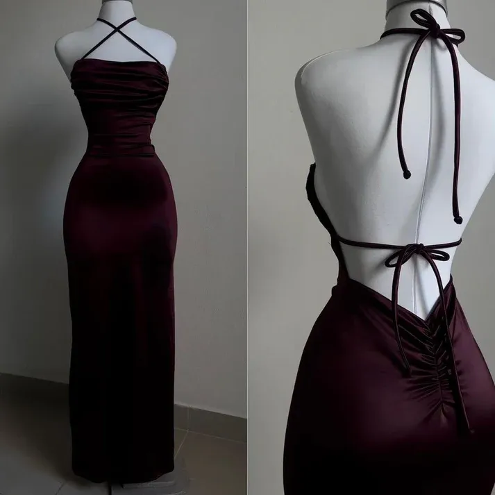 Burgundy Straps Open Back Sheath Satin Long Party Dress, DP3799