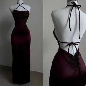 Burgundy Straps Open Back Sheath Satin Long Party Dress, DP3799