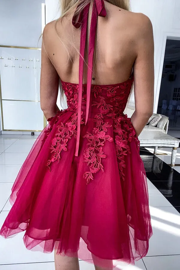 Burgundy Tulle Lace Appliques Halter Homecoming Dresses, Short Prom Dress, MH563
