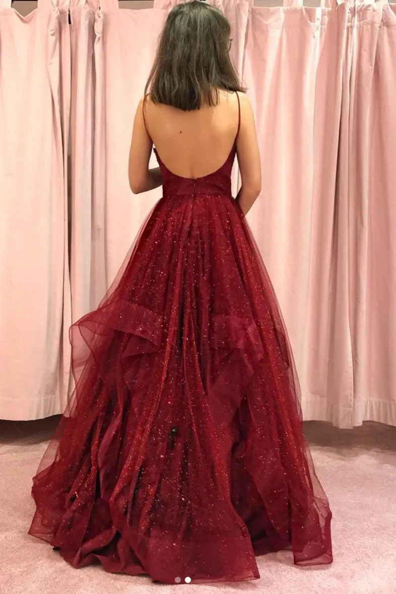 Burgundy tulle long prom dress, burgundy tulle evening dress
