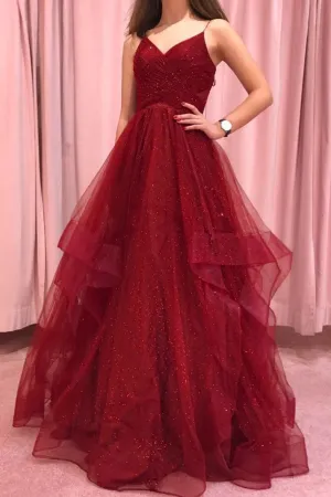 Burgundy tulle long prom dress, burgundy tulle evening dress