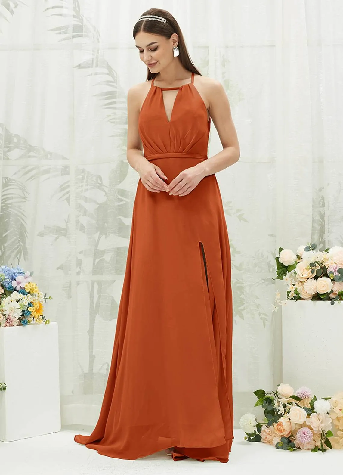 Burnt Orange Chiffon Halter V-Neck Slit  Backless Maxi Bridesmaid Dress