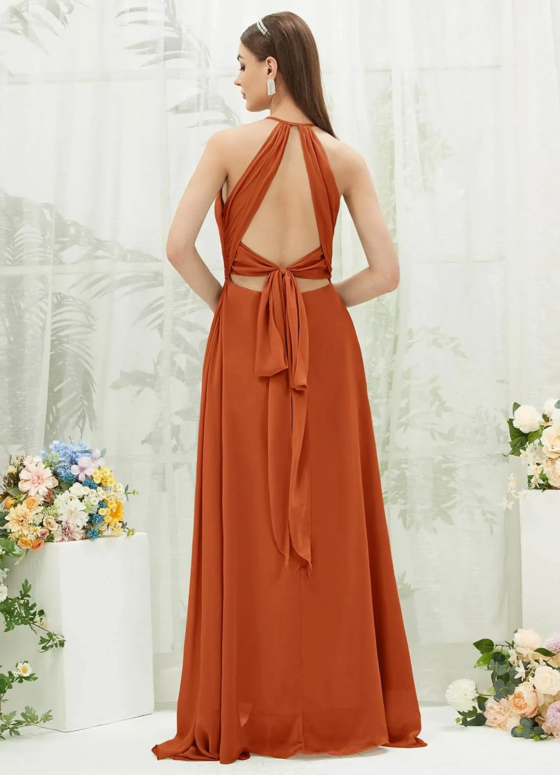 Burnt Orange Chiffon Halter V-Neck Slit  Backless Maxi Bridesmaid Dress