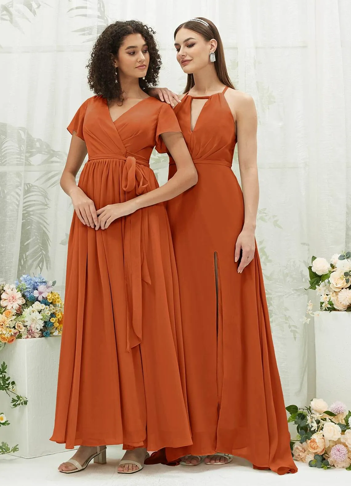 Burnt Orange Chiffon Halter V-Neck Slit  Backless Maxi Bridesmaid Dress