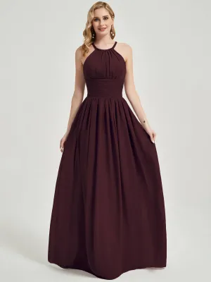 Cabernet Pleated Halter Neck Sleeveless Chiffon Maxi Bridesmaid Dress