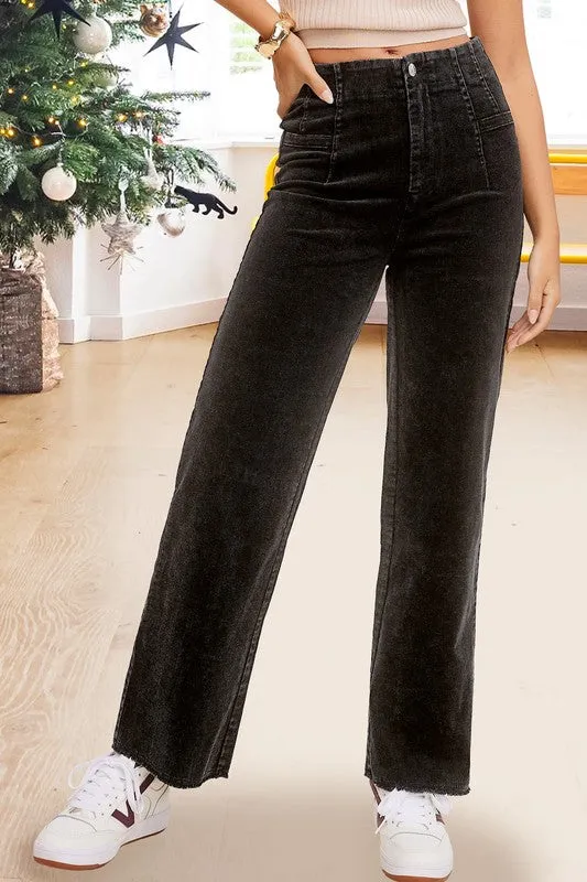 Candice Mineral Washed Corduroy Pants – Soft Fabric, Raw Hem, Casual Style