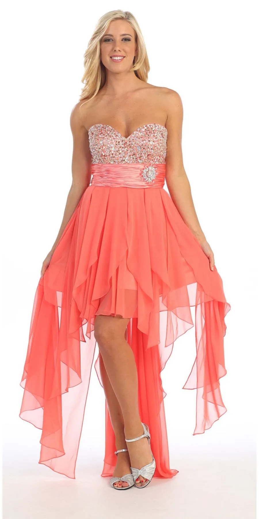 Celavie 3002 Strapless High-Low Dress Beads Asymmetrical Skirt