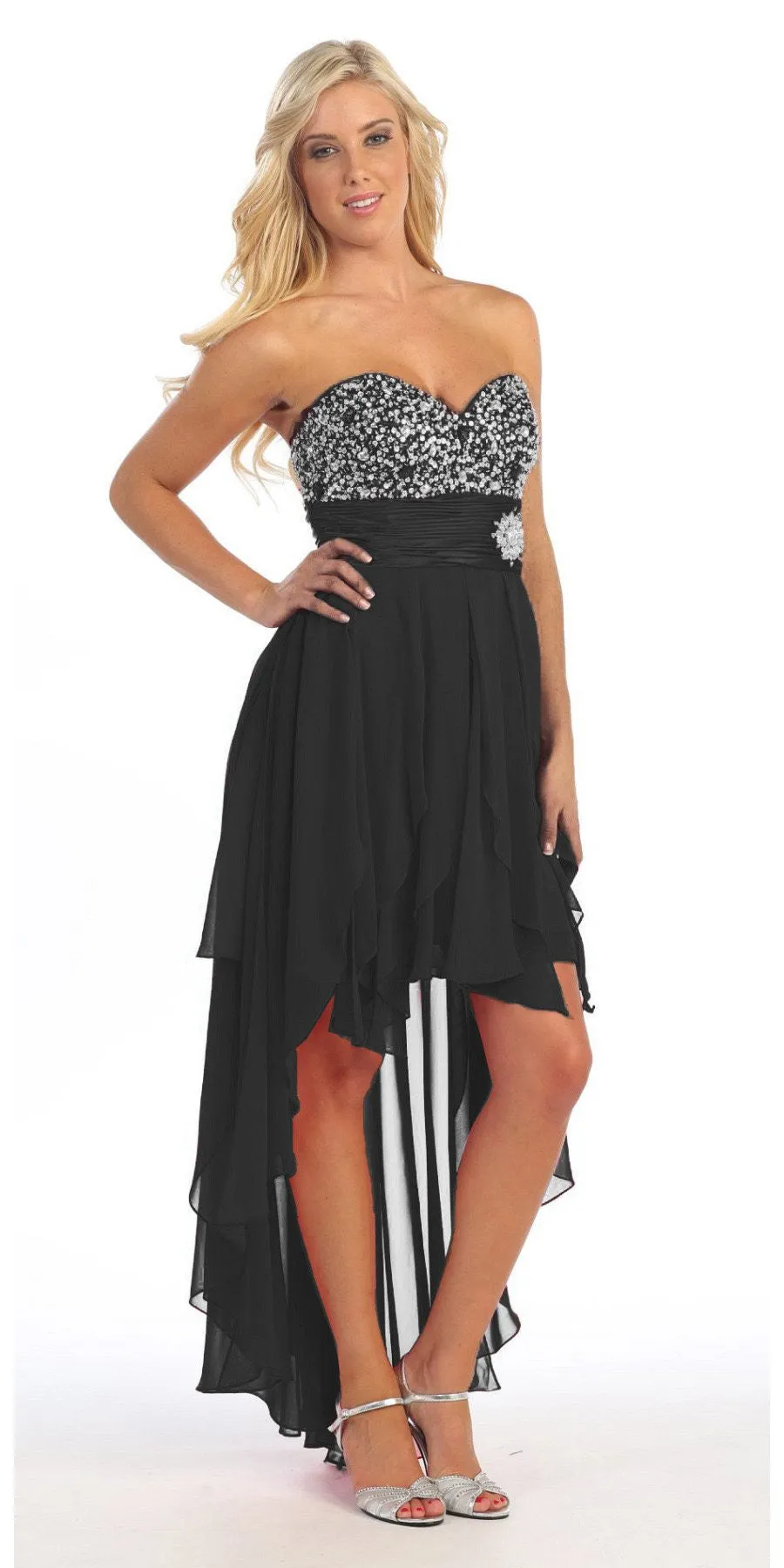 Celavie 3002 Strapless High-Low Dress Beads Asymmetrical Skirt
