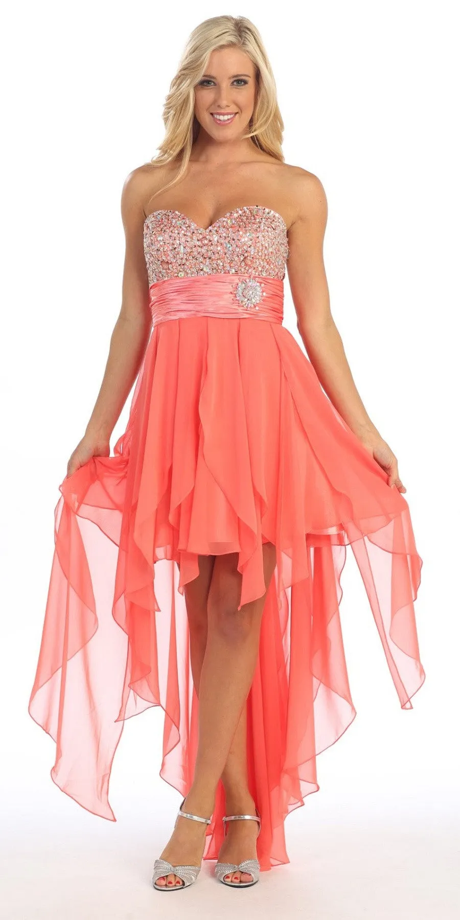 Celavie 3002 Strapless High-Low Dress Beads Asymmetrical Skirt