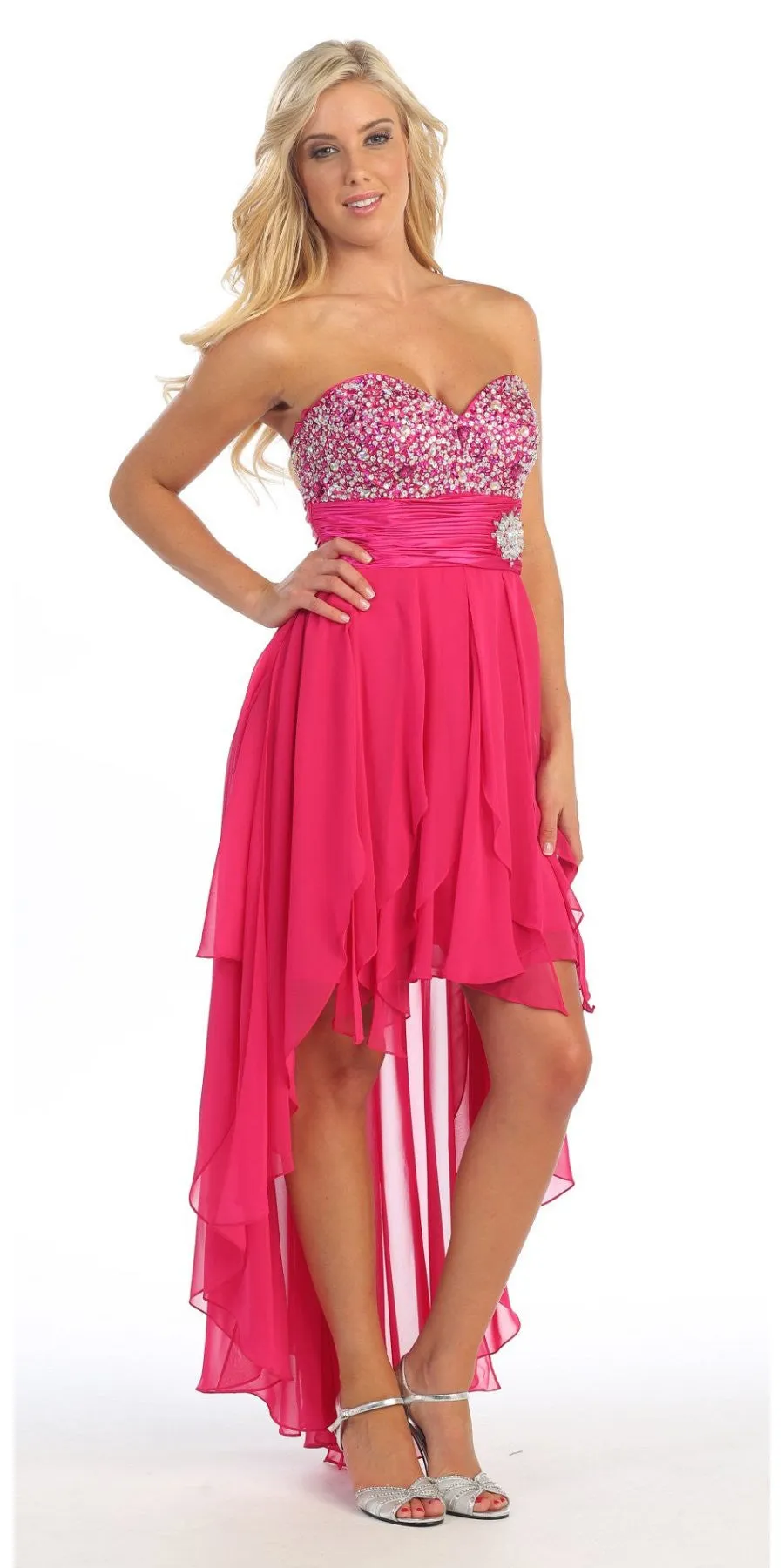 Celavie 3002 Strapless High-Low Dress Beads Asymmetrical Skirt
