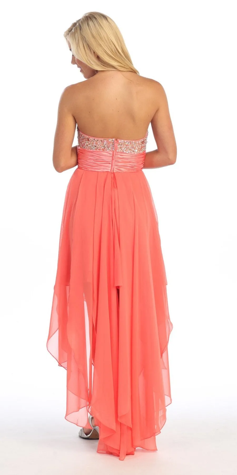 Celavie 3002 Strapless High-Low Dress Beads Asymmetrical Skirt