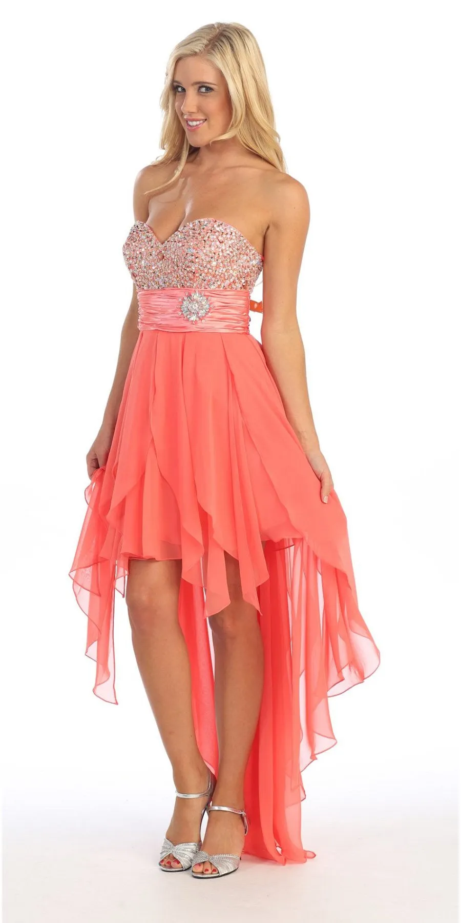 Celavie 3002 Strapless High-Low Dress Beads Asymmetrical Skirt