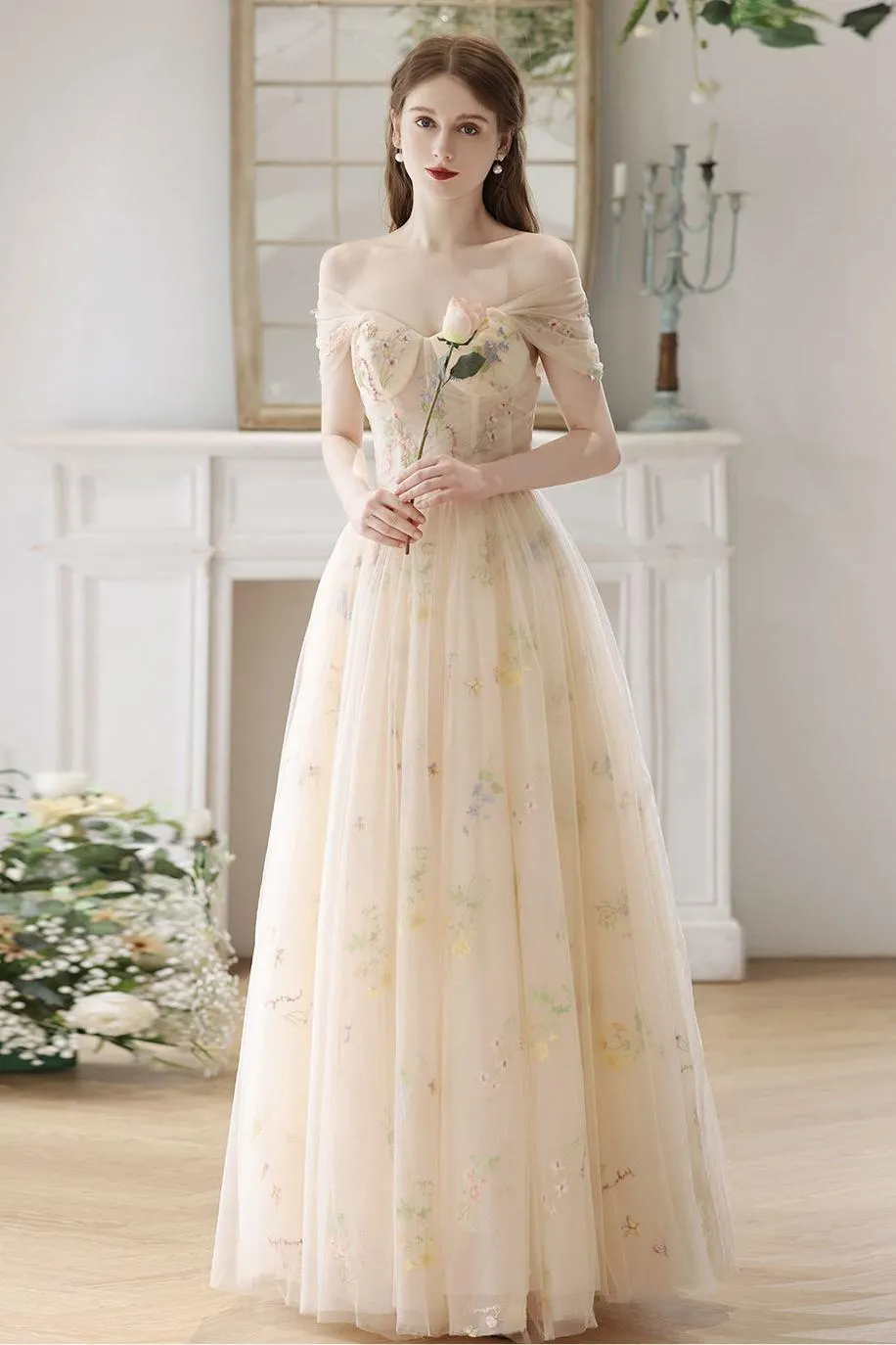 Champagne Prom Dress Tulle Lace Long A Line Formal Evening Dress
