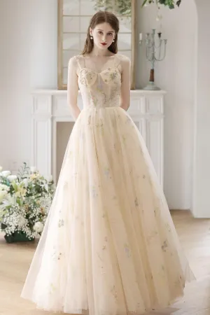 Champagne Prom Dress Tulle Lace Long A Line Formal Evening Dress