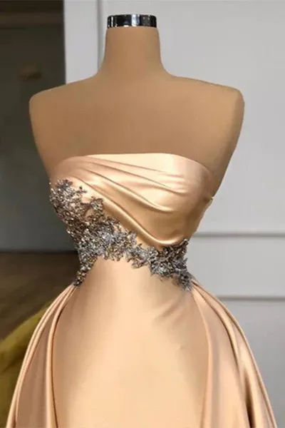 Champagne Strapless Satin Beading Long Prom Dress Formal Party Dress,DP1453