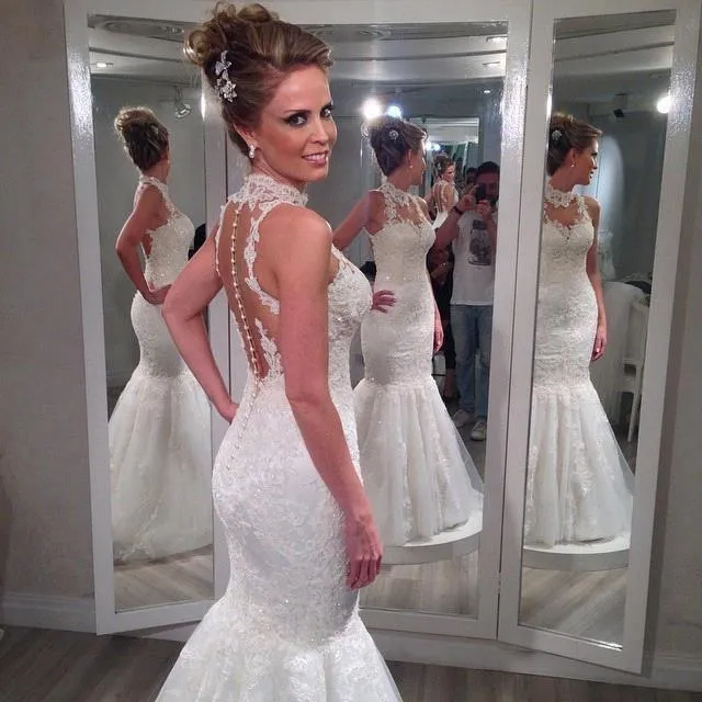 Charming High Neck Sleeveless Lace Mermaid Tulle Wedding Dresses WD033