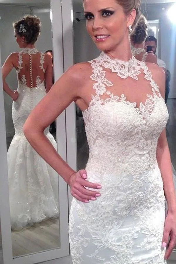 Charming High Neck Sleeveless Lace Mermaid Tulle Wedding Dresses WD033