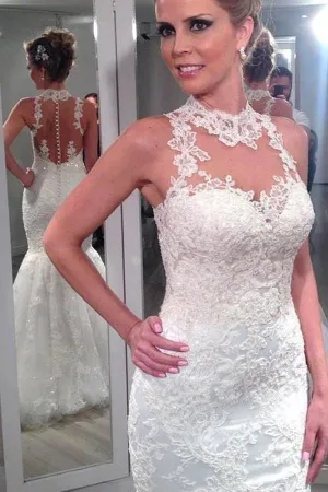 Charming High Neck Sleeveless Lace Mermaid Tulle Wedding Dresses WD033