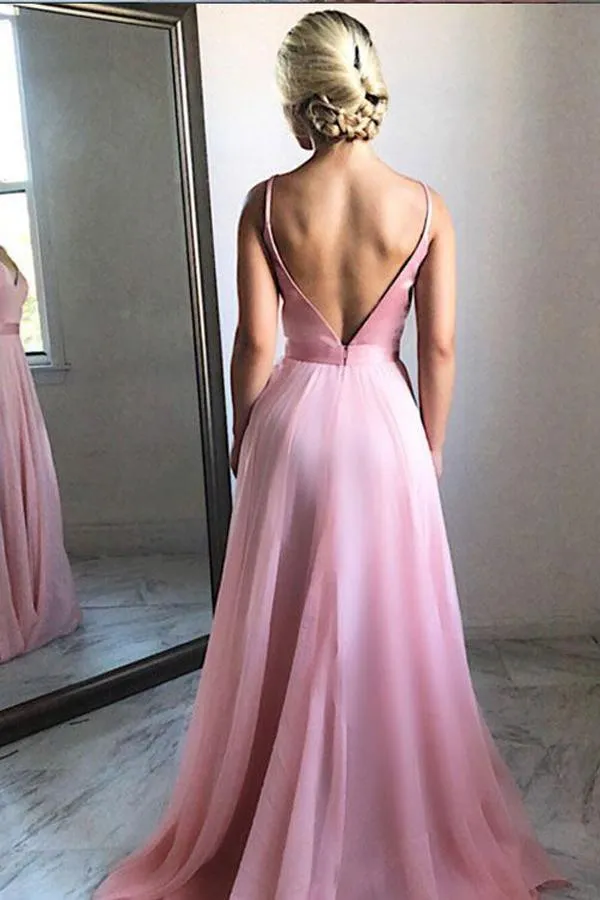 Charming Simple Pink V Neck Chiffon Long Prom Dress, Evening Dresses TP0165
