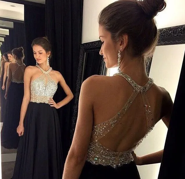 Chic Crystals Beading Chiffon Prom Dress 2016 A-line Halter Sleeveless-323494