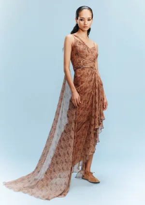 Chloe burnt orange printed draped gown