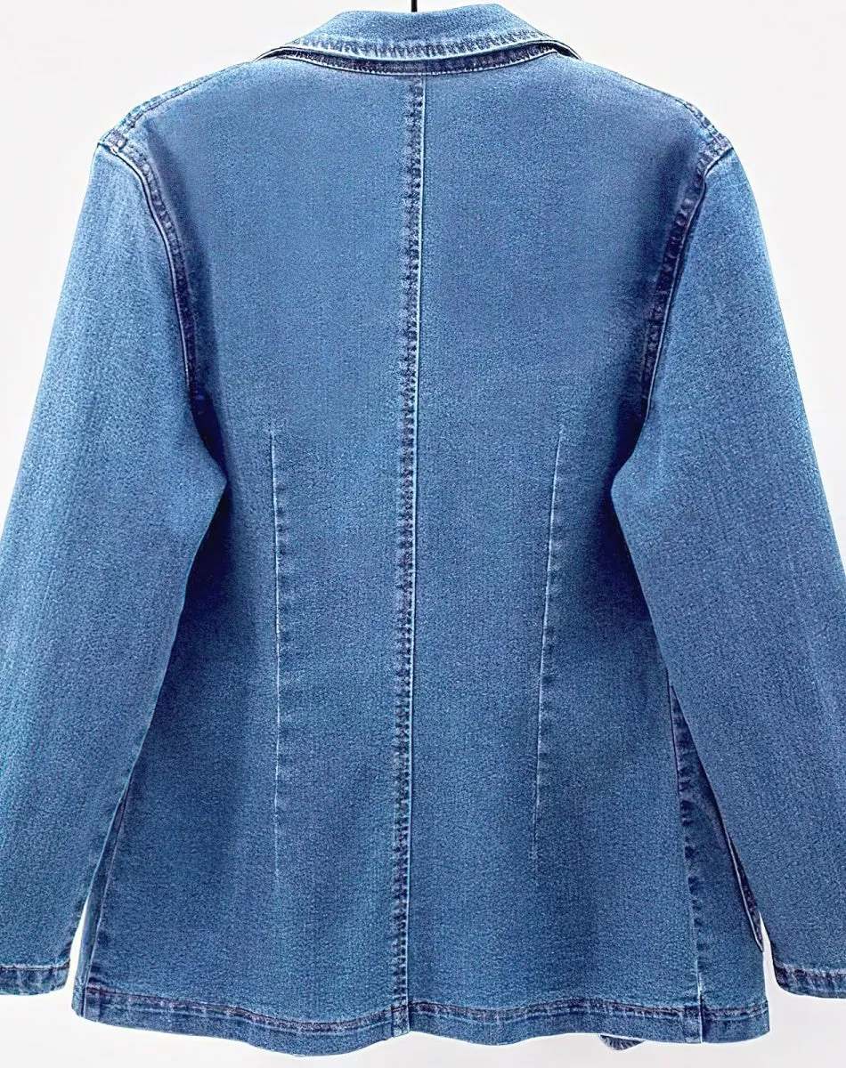 Chouyatou Women's Classic Notch Lapel Denim Blazer One Button Long Sleeve Slim Office Jean Jacket