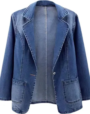 Chouyatou Women's Classic Notch Lapel Denim Blazer One Button Long Sleeve Slim Office Jean Jacket