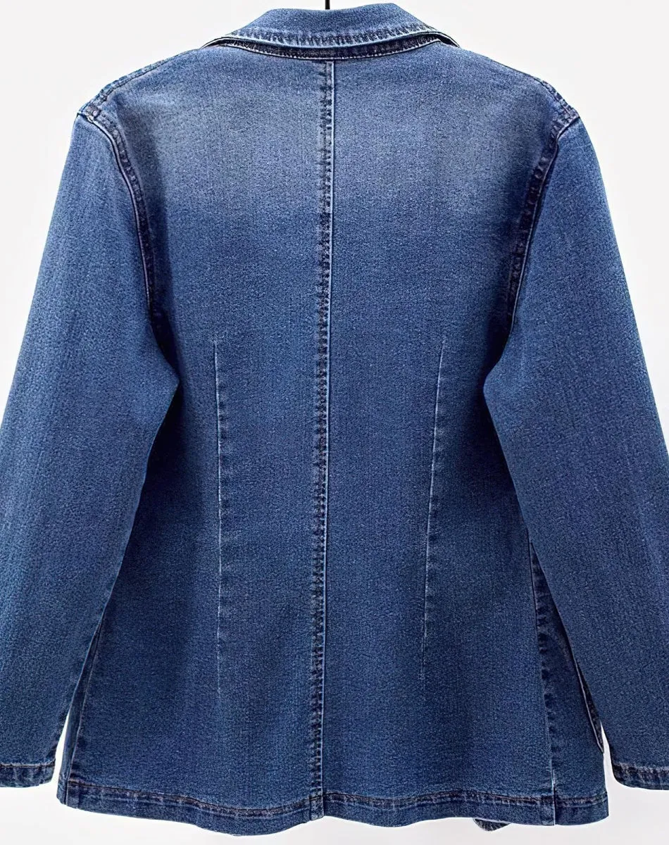Chouyatou Women's Classic Notch Lapel Denim Blazer One Button Long Sleeve Slim Office Jean Jacket