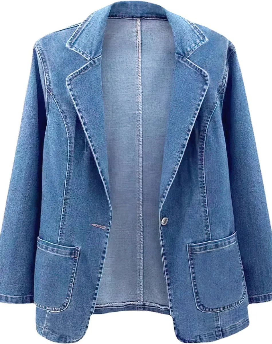 Chouyatou Women's Classic Notch Lapel Denim Blazer One Button Long Sleeve Slim Office Jean Jacket