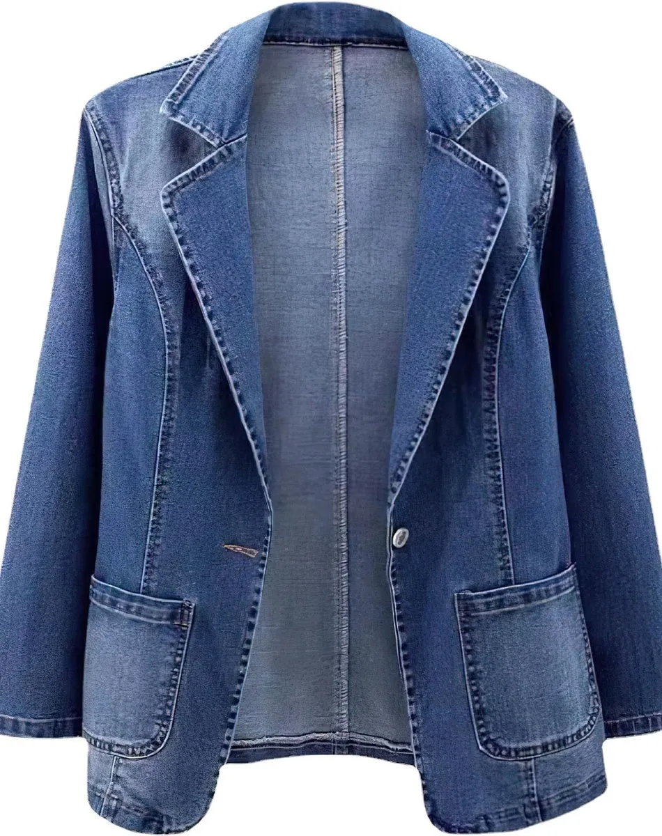 Chouyatou Women's Classic Notch Lapel Denim Blazer One Button Long Sleeve Slim Office Jean Jacket