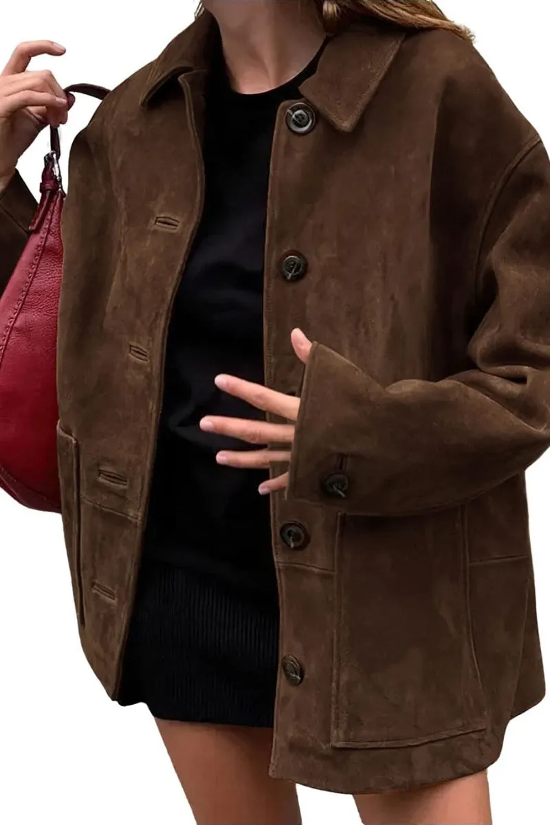 Chouyatou Women's Fall Boyfriend Faux Suede Leather Jacket Casual Midi Long Button Down Shacket Coat