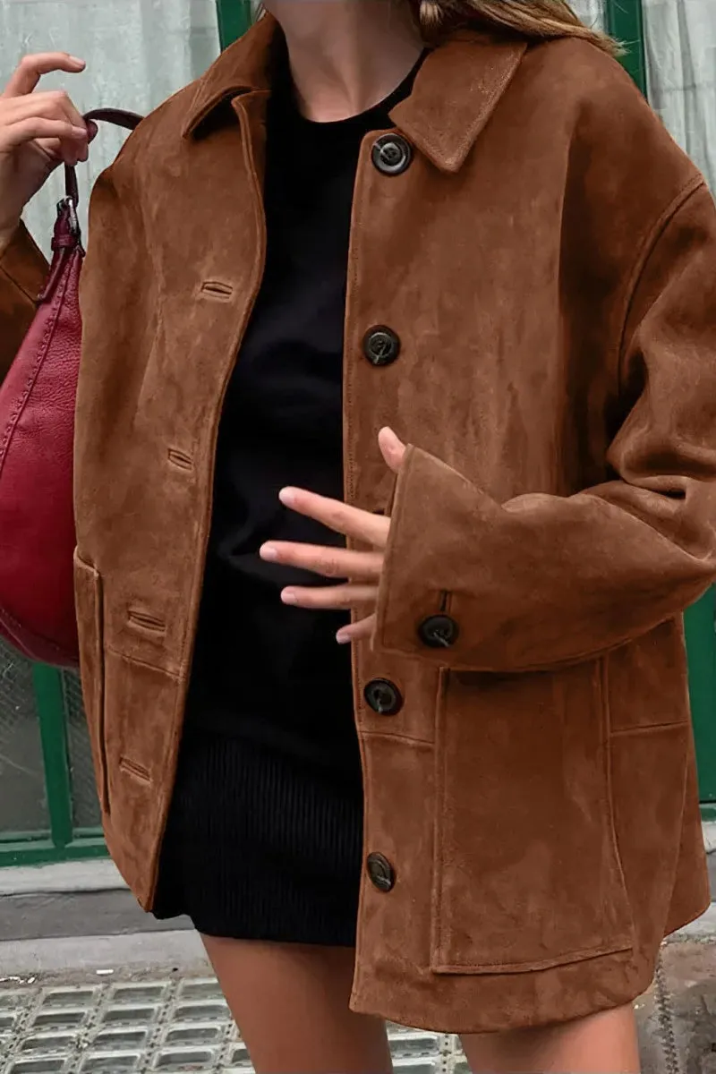 Chouyatou Women's Fall Boyfriend Faux Suede Leather Jacket Casual Midi Long Button Down Shacket Coat