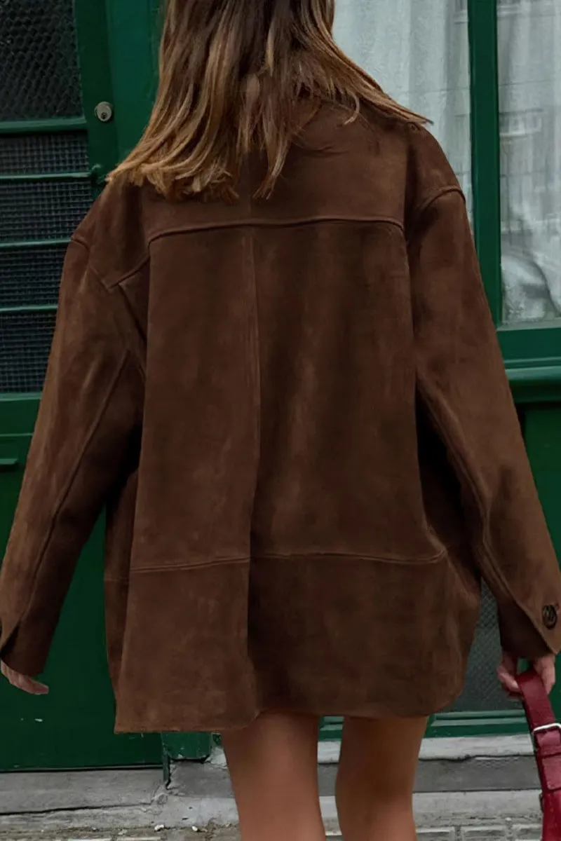Chouyatou Women's Fall Boyfriend Faux Suede Leather Jacket Casual Midi Long Button Down Shacket Coat