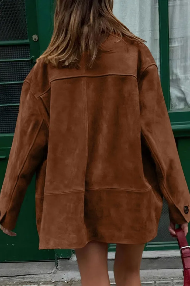 Chouyatou Women's Fall Boyfriend Faux Suede Leather Jacket Casual Midi Long Button Down Shacket Coat