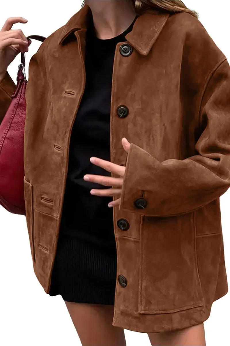 Chouyatou Women's Fall Boyfriend Faux Suede Leather Jacket Casual Midi Long Button Down Shacket Coat
