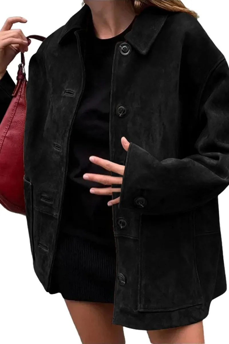 Chouyatou Women's Fall Boyfriend Faux Suede Leather Jacket Casual Midi Long Button Down Shacket Coat