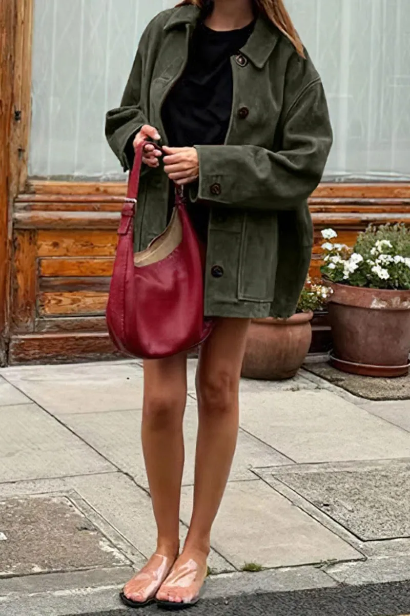 Chouyatou Women's Fall Boyfriend Faux Suede Leather Jacket Casual Midi Long Button Down Shacket Coat