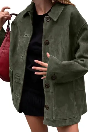 Chouyatou Women's Fall Boyfriend Faux Suede Leather Jacket Casual Midi Long Button Down Shacket Coat