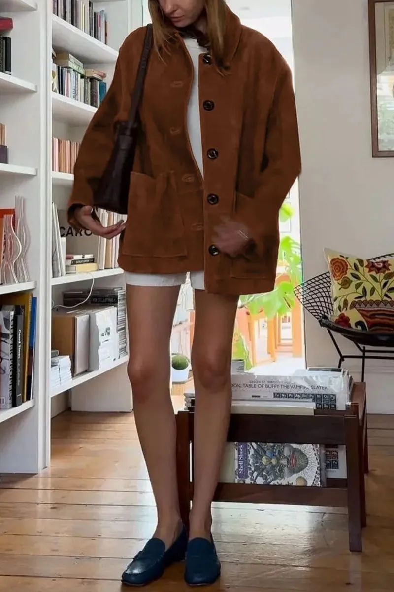 Chouyatou Women's Fall Boyfriend Faux Suede Leather Jacket Casual Midi Long Button Down Shacket Coat