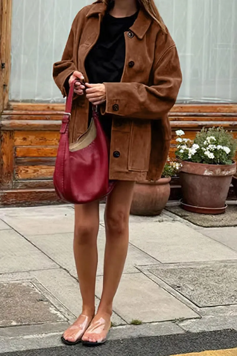 Chouyatou Women's Fall Boyfriend Faux Suede Leather Jacket Casual Midi Long Button Down Shacket Coat