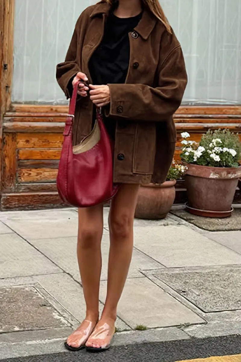 Chouyatou Women's Fall Boyfriend Faux Suede Leather Jacket Casual Midi Long Button Down Shacket Coat