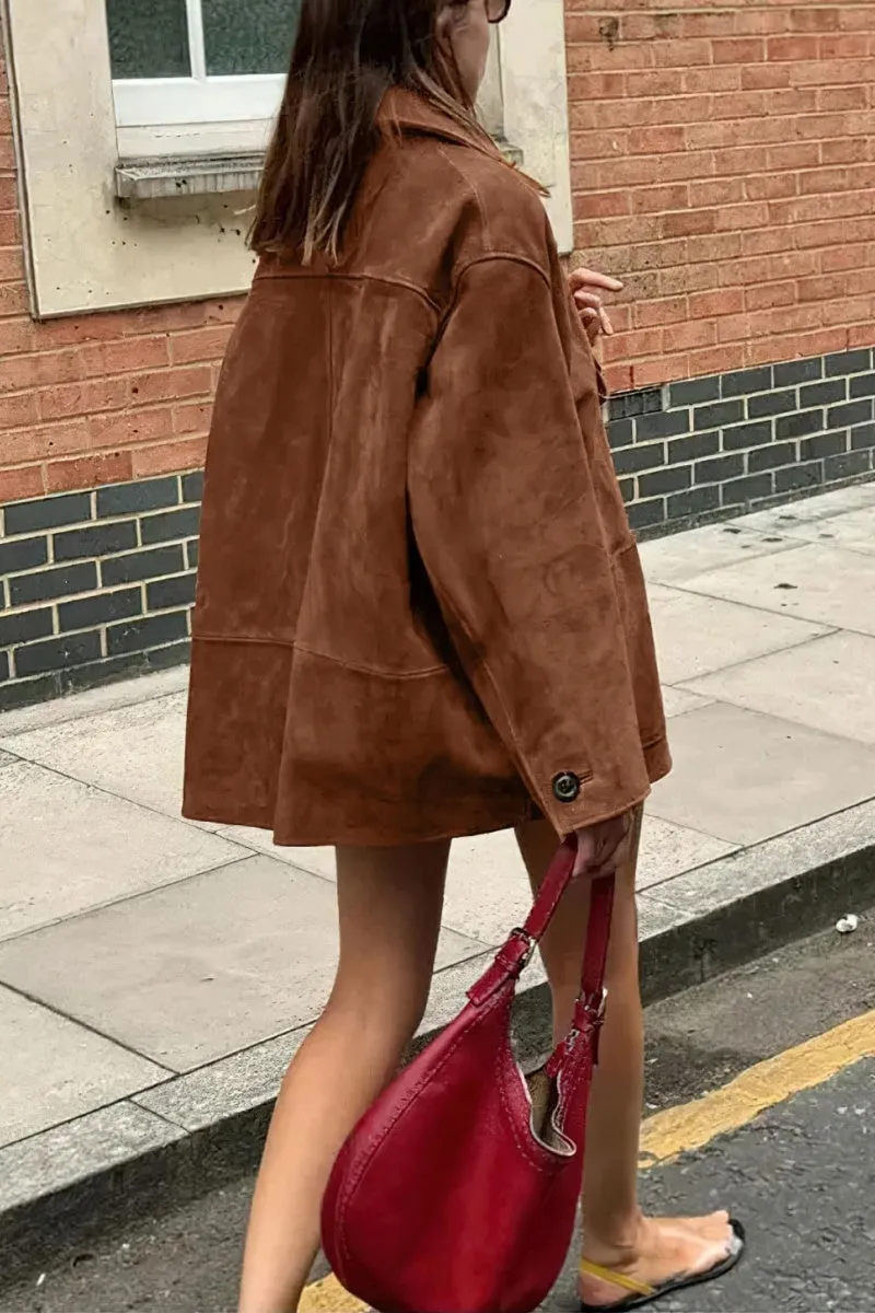 Chouyatou Women's Fall Boyfriend Faux Suede Leather Jacket Casual Midi Long Button Down Shacket Coat