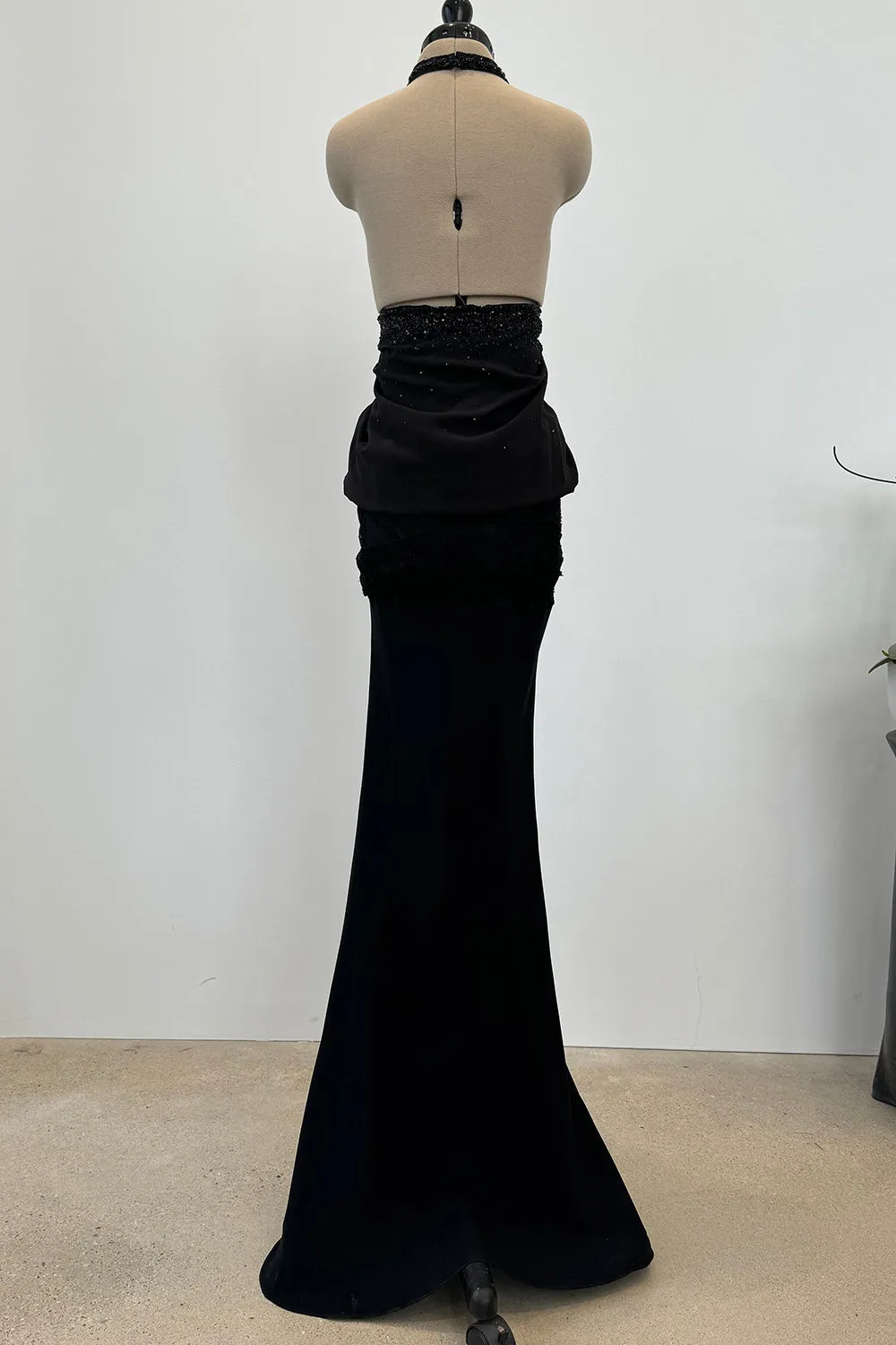 Christian Dior Spring 2003 Black Silk Chiffon Lace & Sequin Halter - 11-14" W