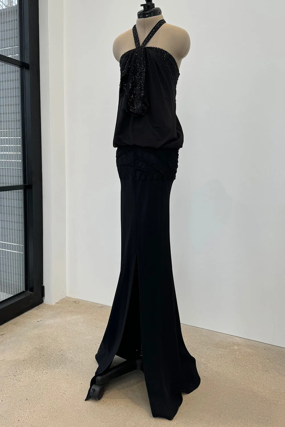 Christian Dior Spring 2003 Black Silk Chiffon Lace & Sequin Halter - 11-14" W