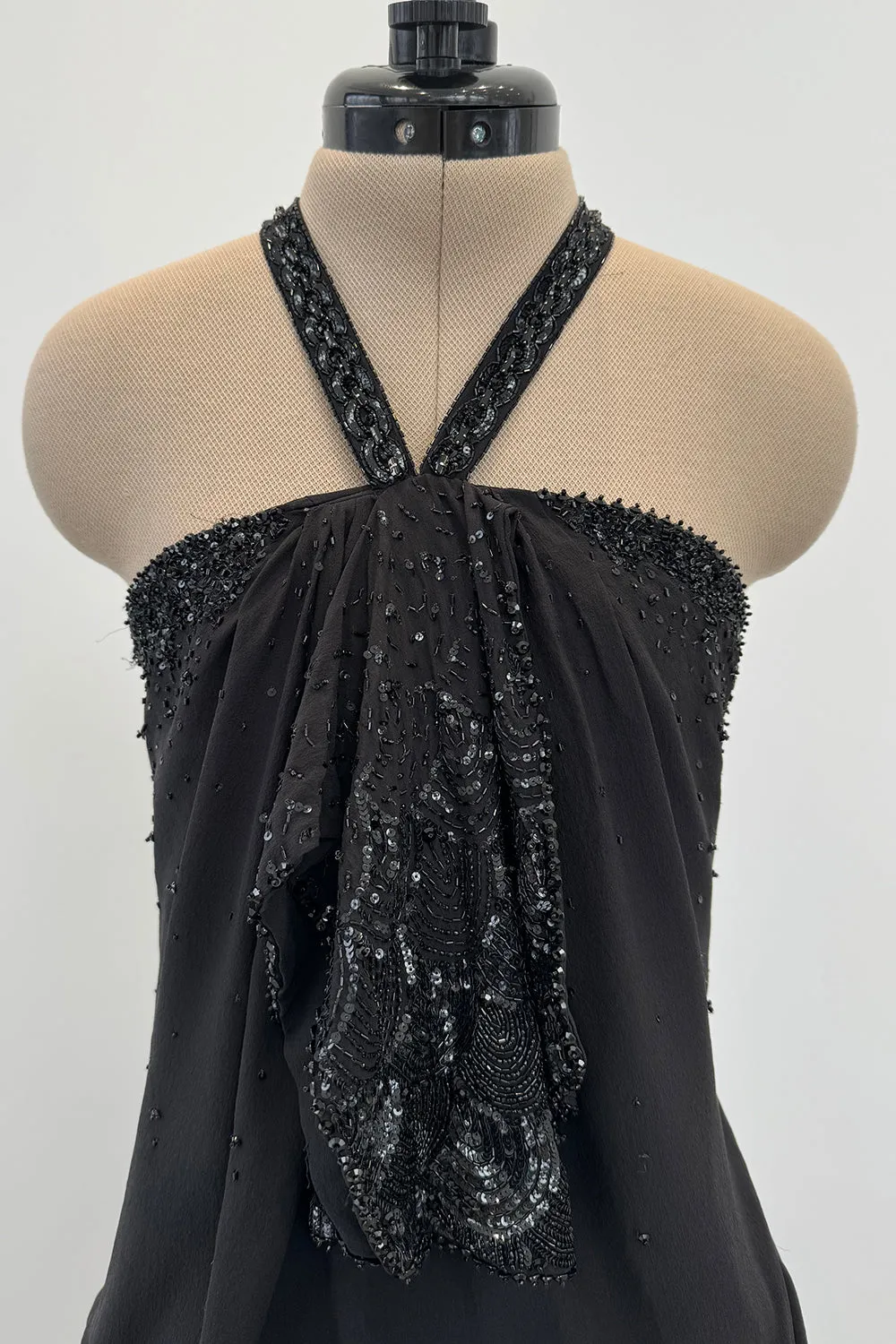 Christian Dior Spring 2003 Black Silk Chiffon Lace & Sequin Halter - 11-14" W